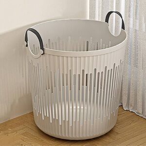 Japandi Scandinavian Modern Slotted Laundry Basket Leather Handles New Gray Tote